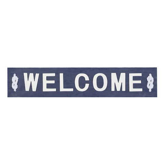 Coastal Blue and White Wood and Metal Welcome Sign, 6" x 32" x 2"
